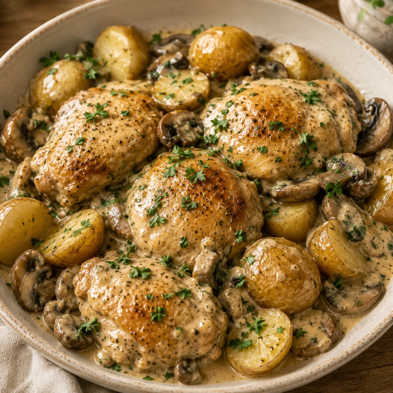 Creamy Garlic Mushroom Chicken and Potatoes