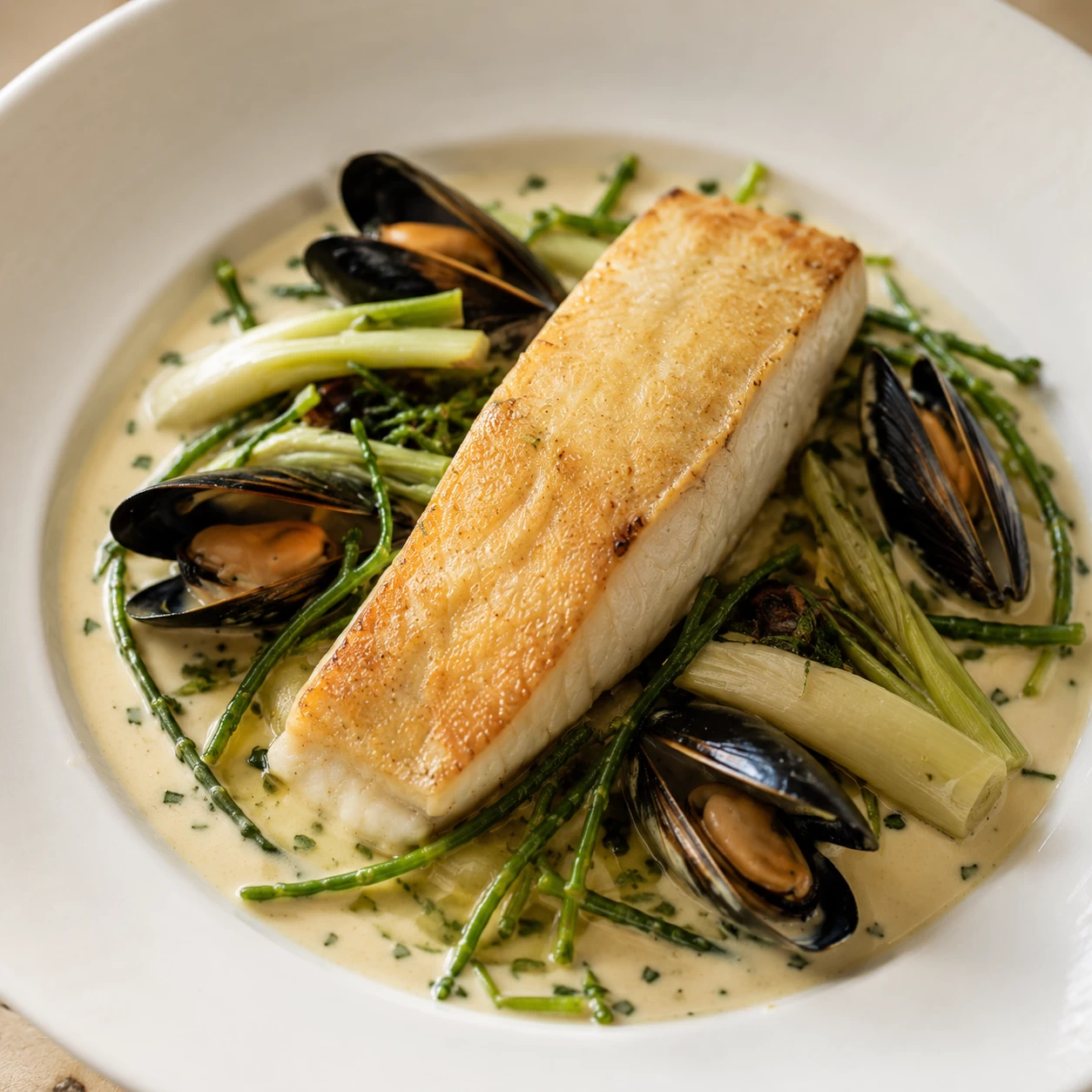 Halibut and Mussels with Baby Leeks, Samphire and Cream