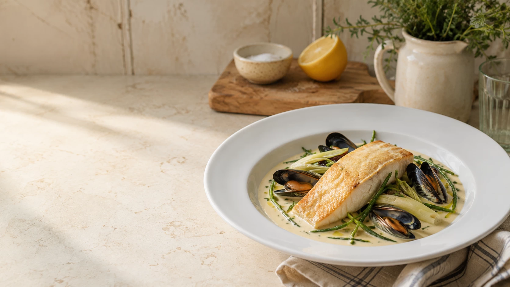 Halibut and Mussels with Baby Leeks, Samphire and Cream